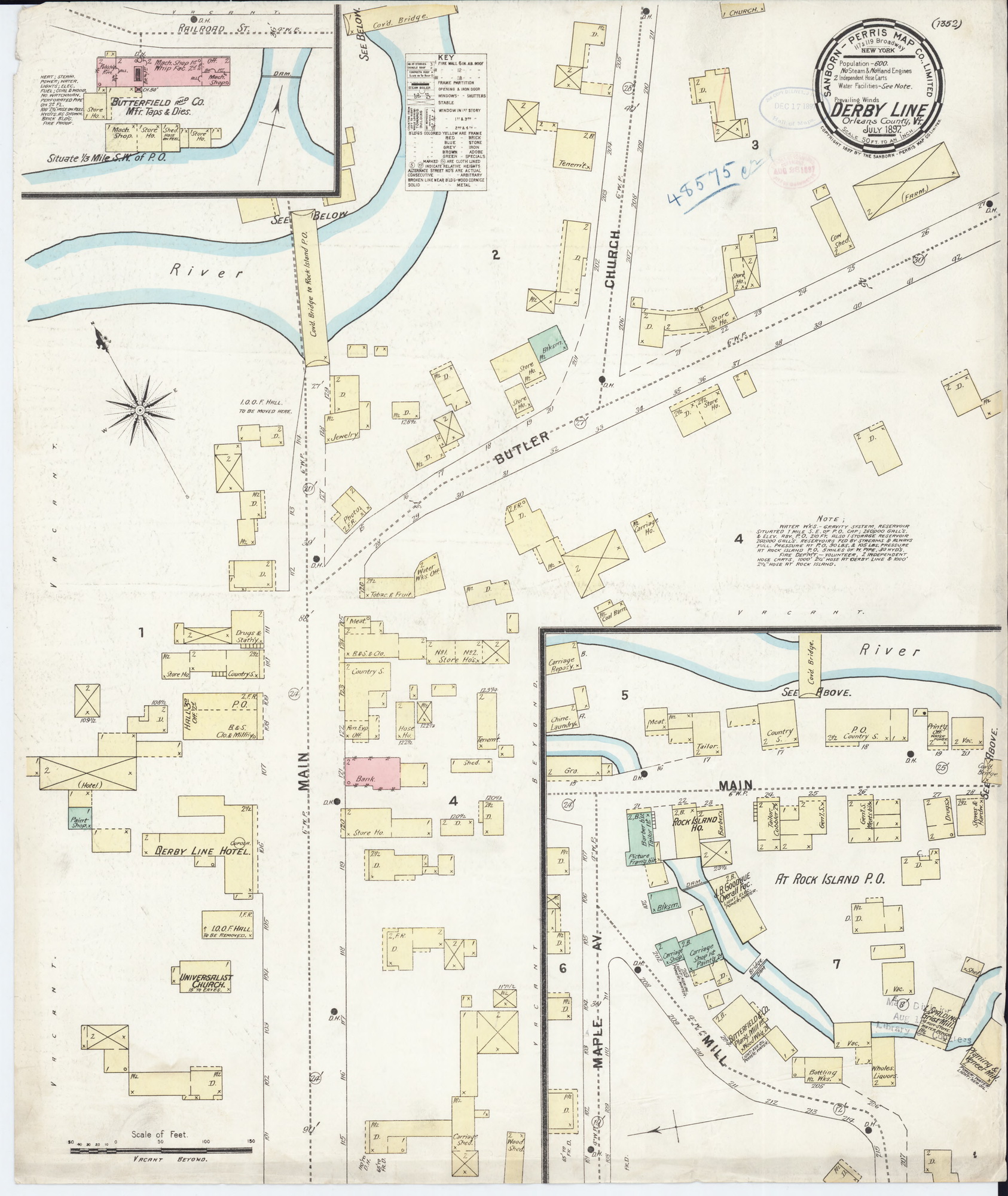 Derby Line, VT Fire Insurance 1897 Sheet 1 Old Town Map Reprint OLD