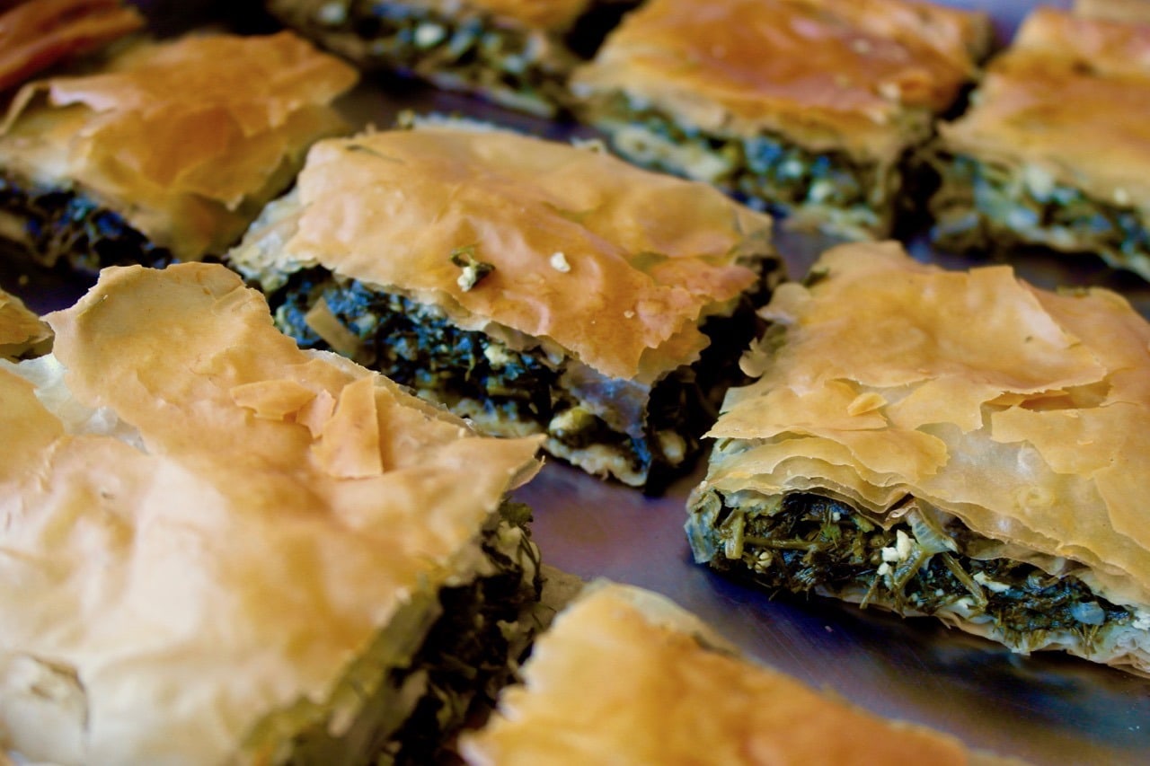 Hortopita Greek Savory Pie with Greens, Herbs and Feta Cheese