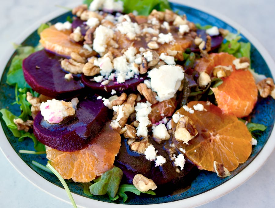 Mediterranean Beet Salad with Tangerines, Greens and Feta Olive Tomato