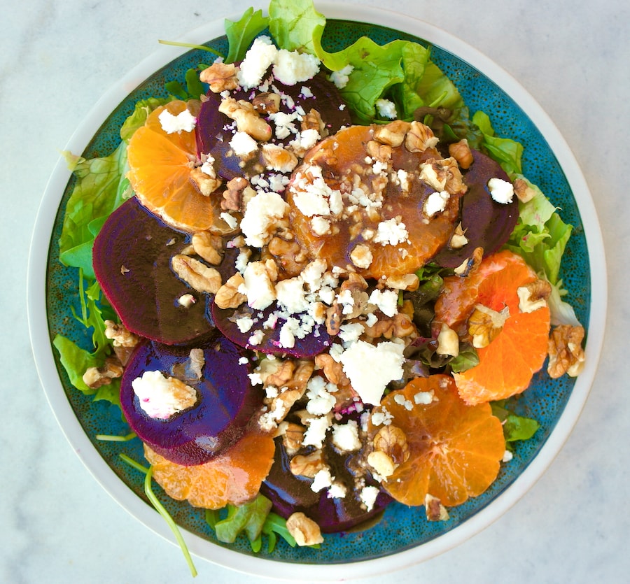 Mediterranean Beet Salad with Tangerines, Greens and Feta Olive Tomato