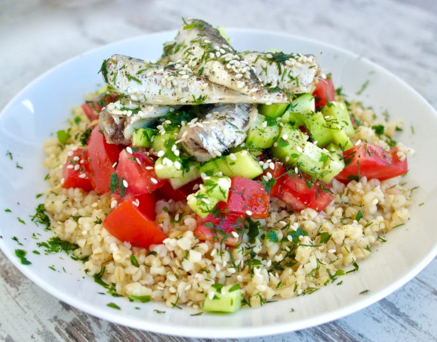 Mediterranean Bulgur Salad with Cucumbers, Tomatoes, Sardines and Fresh