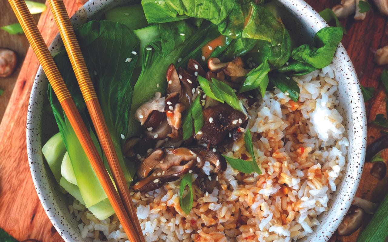Shiitake Rice with Bok Choy and Thai Peanut Sauce Om Yoga Magazine