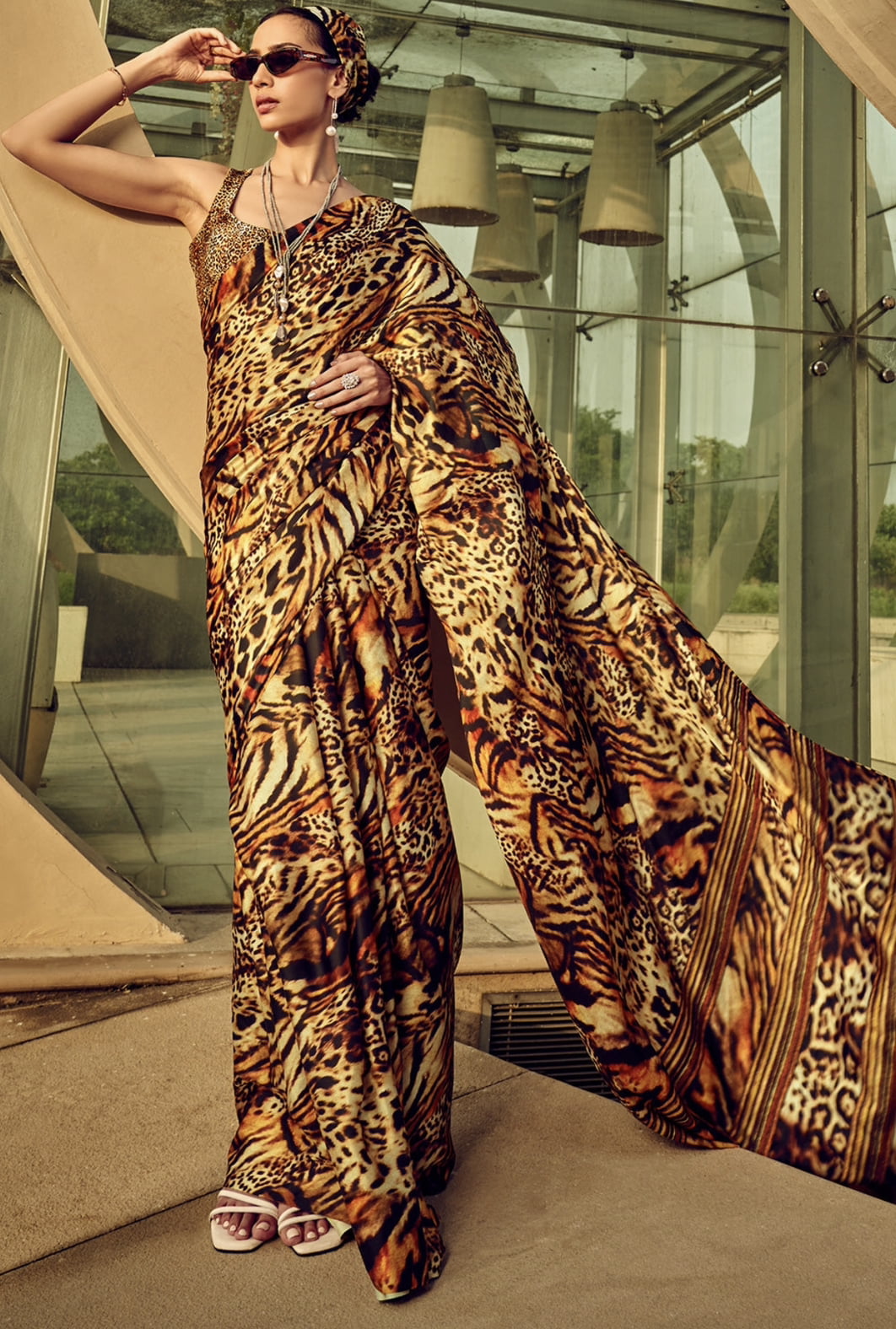 Leopard Print Satin Silk Saree Sarees Designer Collection