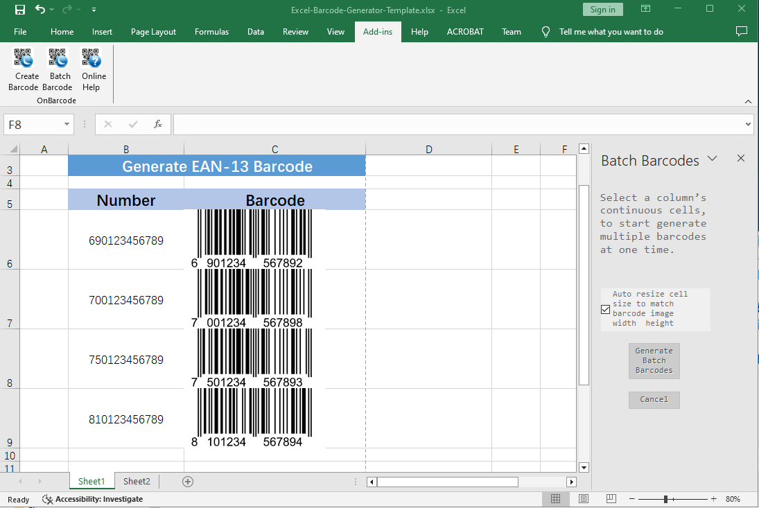 EAN13 Barcode in Excel 2016/2013/2010/2007 free download create EAN