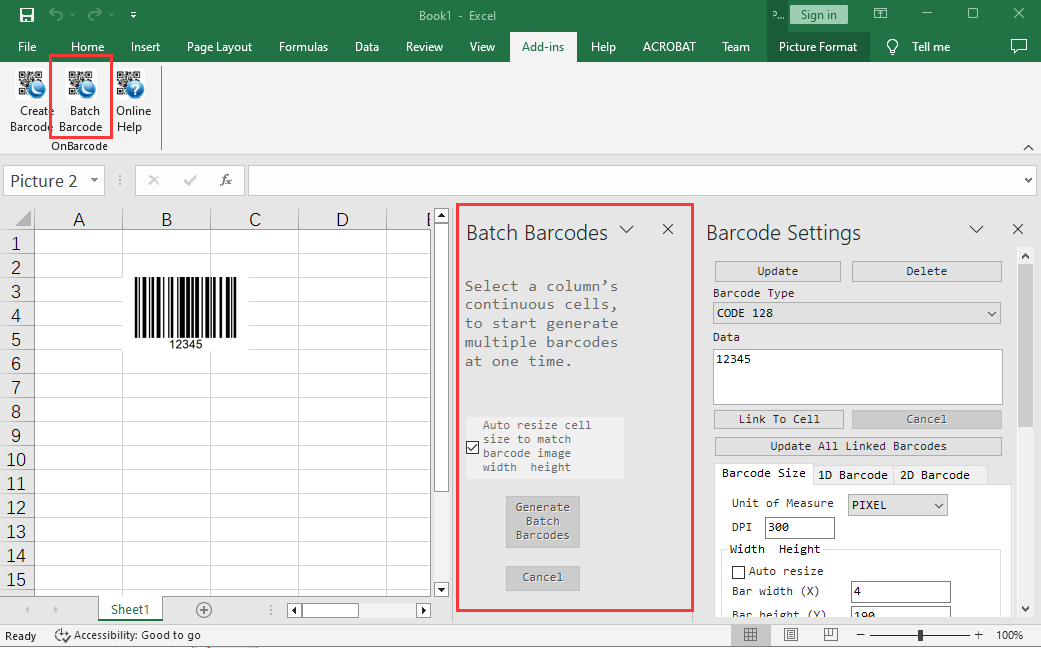 How to create bulk, multiple barcodes from number list in Excel using Excel Barcode Generator