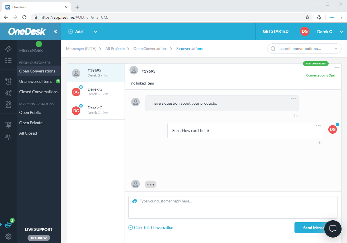 Using the OneDesk messenger application to offer live chatbased support
