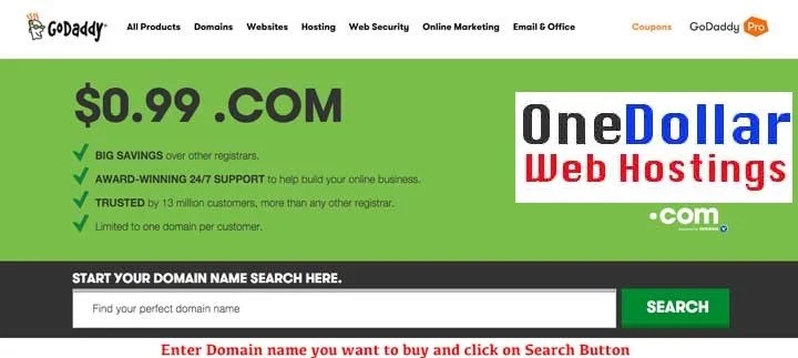 Godaddy 1 dollar Domain 1 Domain Registration, 1 Domains