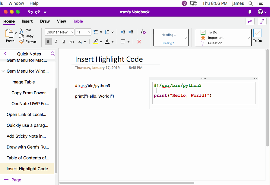 MAC Insert Syntax Highlighted Program Code in OneNote for Mac Office