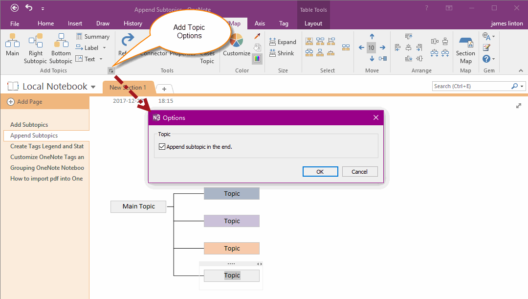 How to Setting Append the New Subtopics in OneNote Gem Mind Map Add