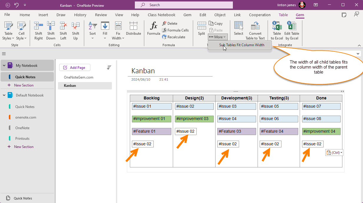 OneNote Kanban Apply Adjust the Width of all Subtables to Fit the
