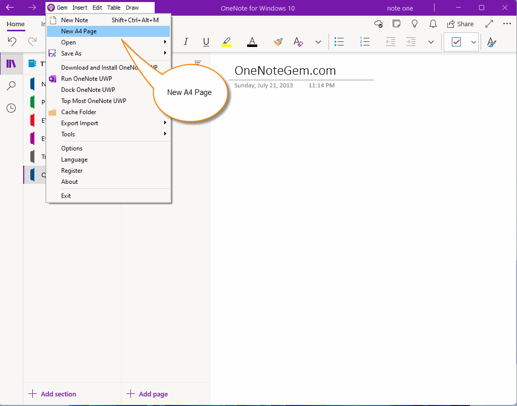 UWP Create a New A4 Paper Size Page in OneNote for Windows 10 to Make