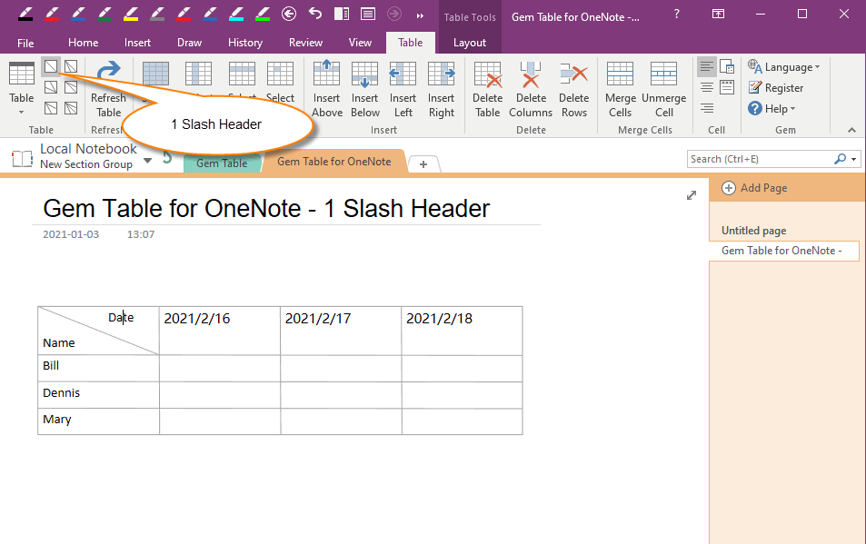 Create a Gem Table with 1 Slash Header in OneNote Office OneNote Gem