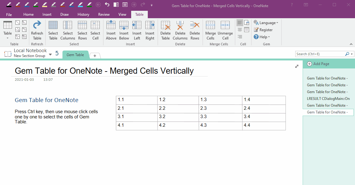 Merge Vertical Cells in the OneNote Gem Table Office OneNote Gem AddIns