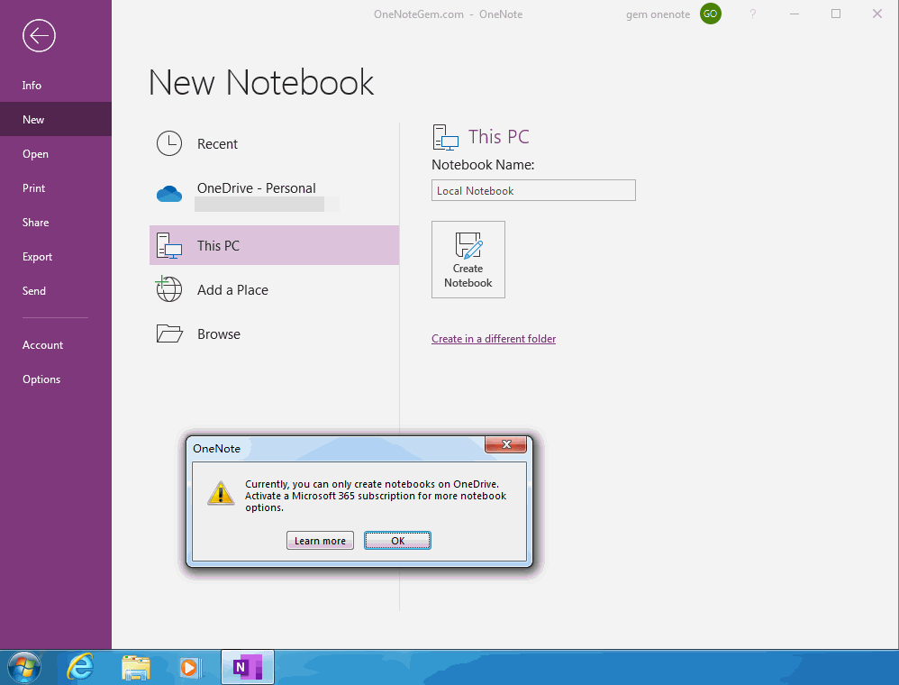 OneNote Download from Install in Win10 Can Create Local