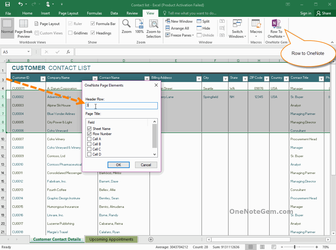Send Selected Excel Rows to OneNote, Generating Multiple Corresponding