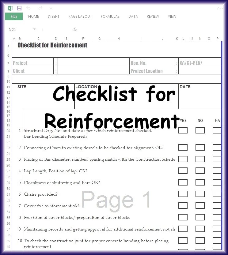 Checklist for Reinforcement Excel Sheet