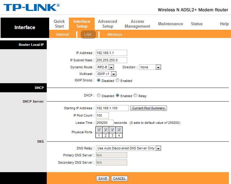 LAN Settings (Interface setup) of TPLINK ADSL2 Modem Router as