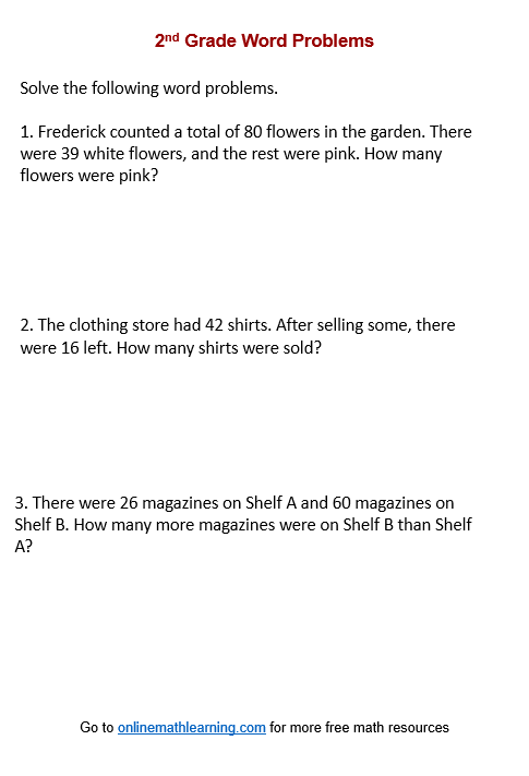 2nd-grade Word Problem Worksheets (Second Grade, printable)