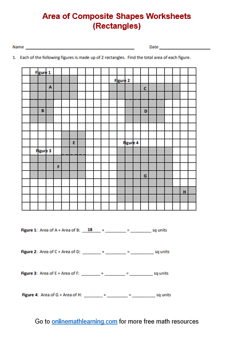 Area of Composite Rectangles Worksheets (answers, printable, online