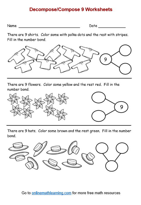 Decompose Numbers to 9 Worksheet (Kindergarten, printable)