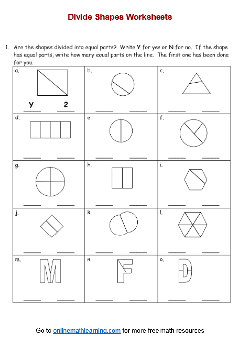 Divide Shapes Worksheets (First Grade, printable)