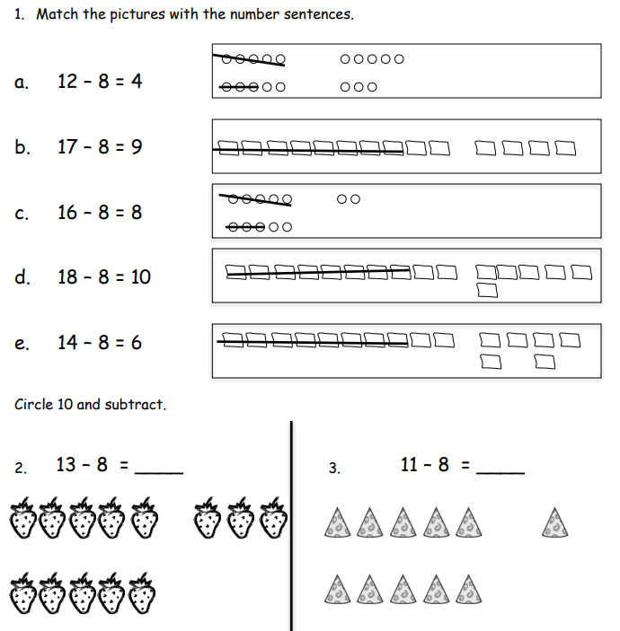 Subtract 8 from Teen Numbers (examples, solutions, videos, worksheets