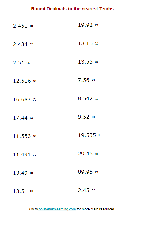 Round Decimals to the nearest Tenths (printable, online, answers)
