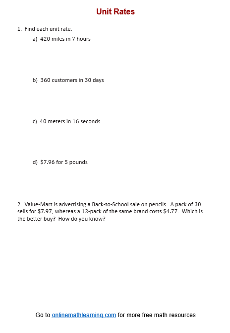 Rates & Unit Rates Worksheet (examples, answers, videos, activities, pdf)