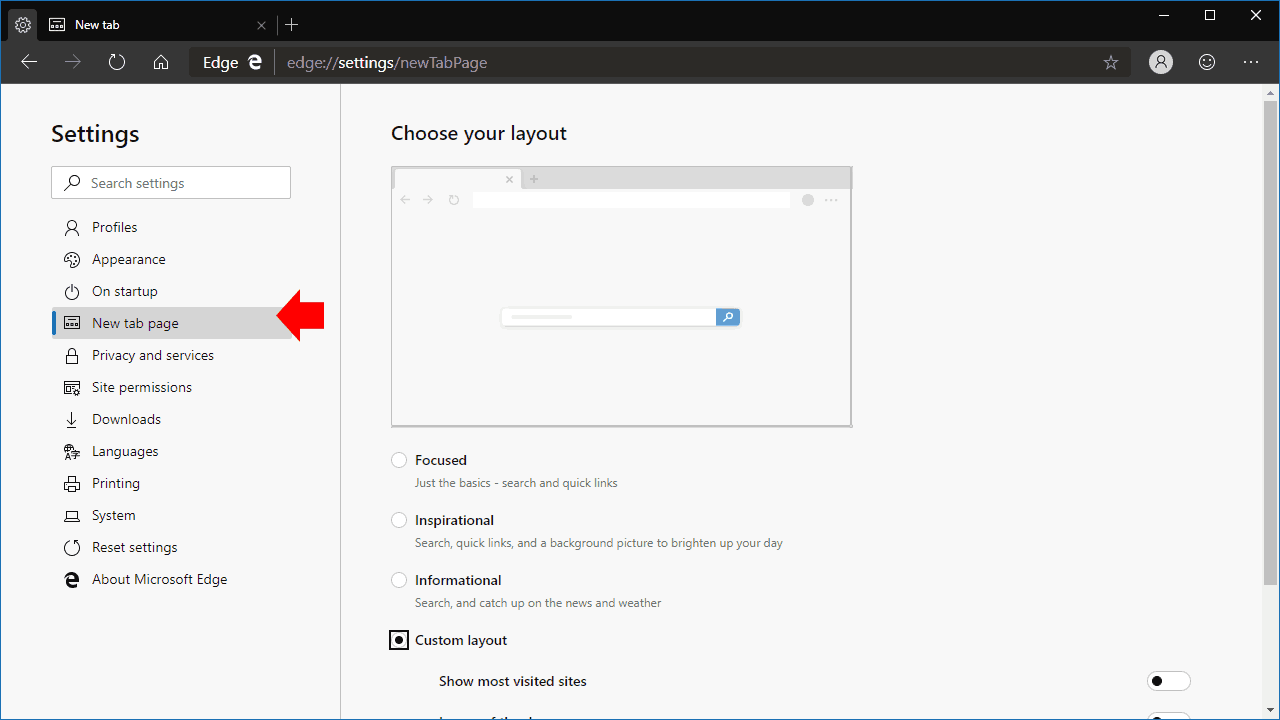 New tab page customisation in Microsoft Edge Insider