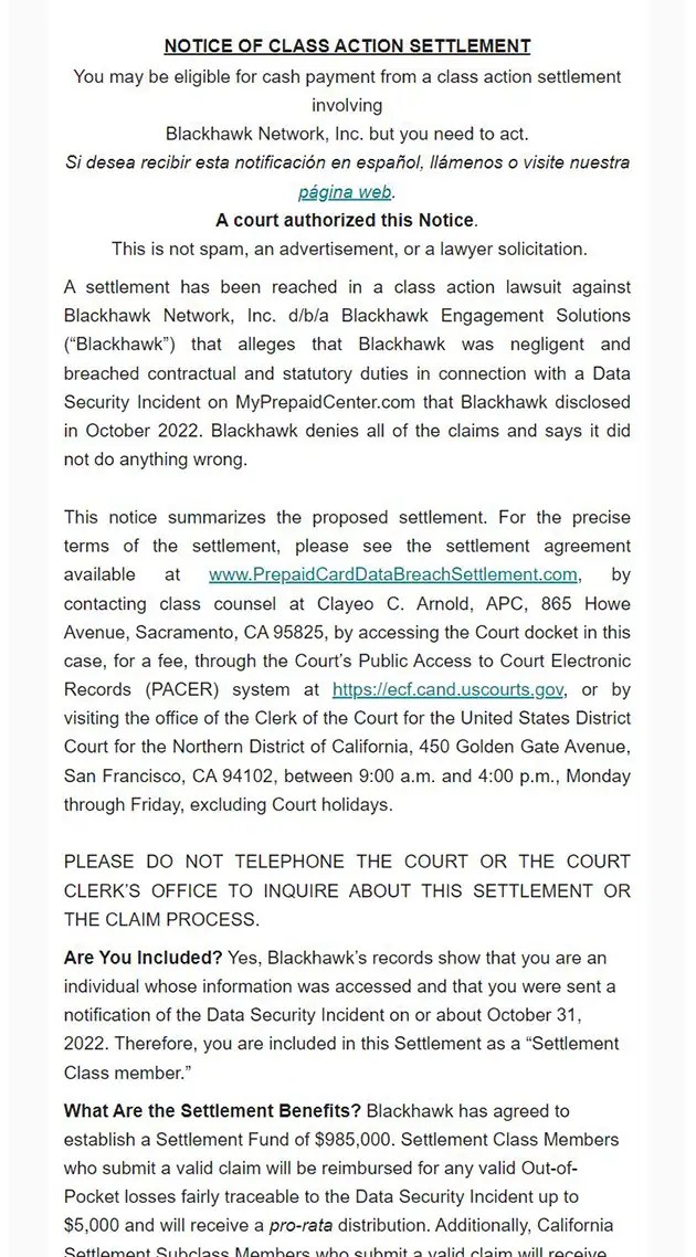 985,000 Blackhawk Network Prepaid Card Data Breach Class Action Settlement