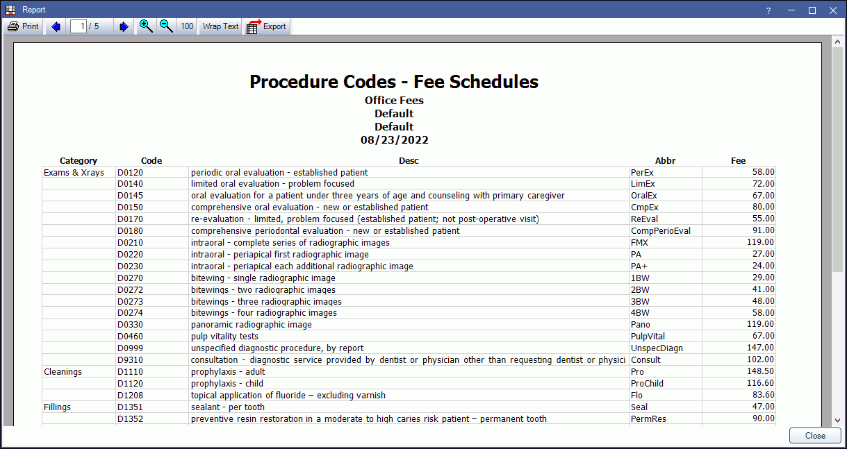 Open Dental Software Procedure Codes Fee Schedules Report