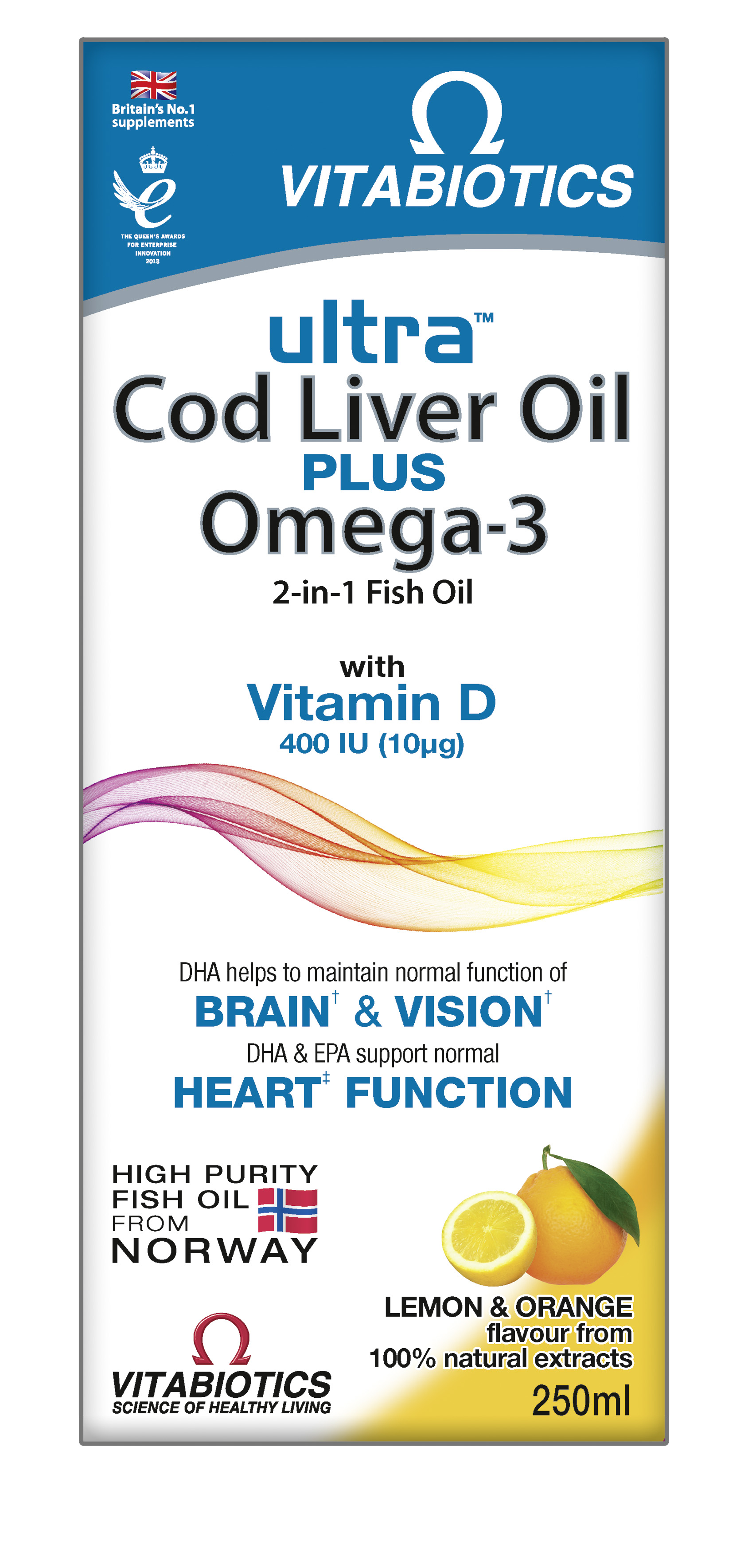 Vitabiotics Ultra 2 in 1 Cod liver oil Plus Omega 3 liquid, 250 ml