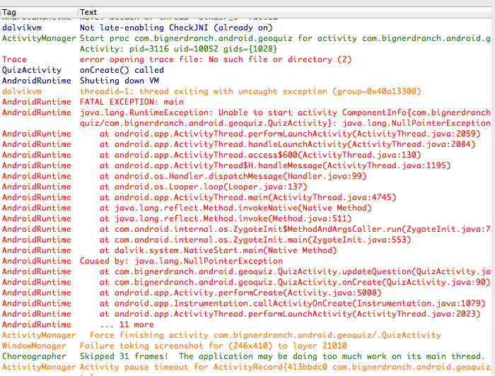 Exceptions and Stack Traces Android Programming The Big Nerd Ranch