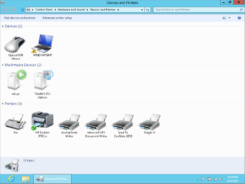 Opening the Devices and Printers Folder Windows 8 Bible [Book]
