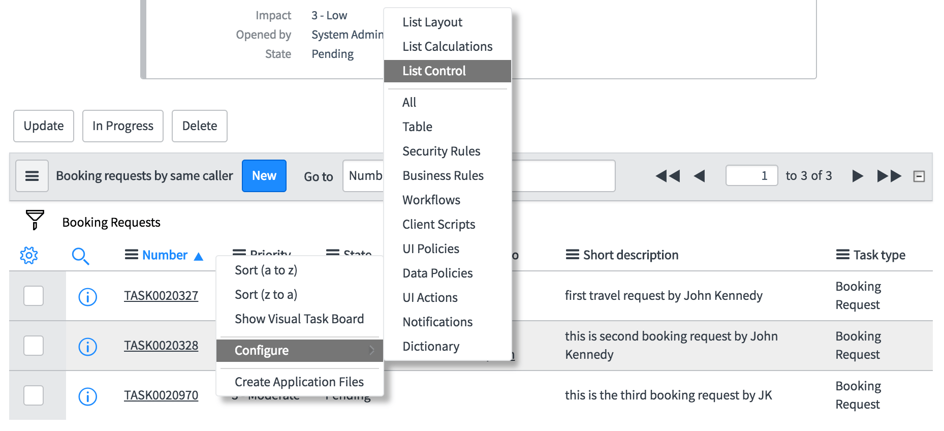 Modifying the list control options ServiceNow Application Development