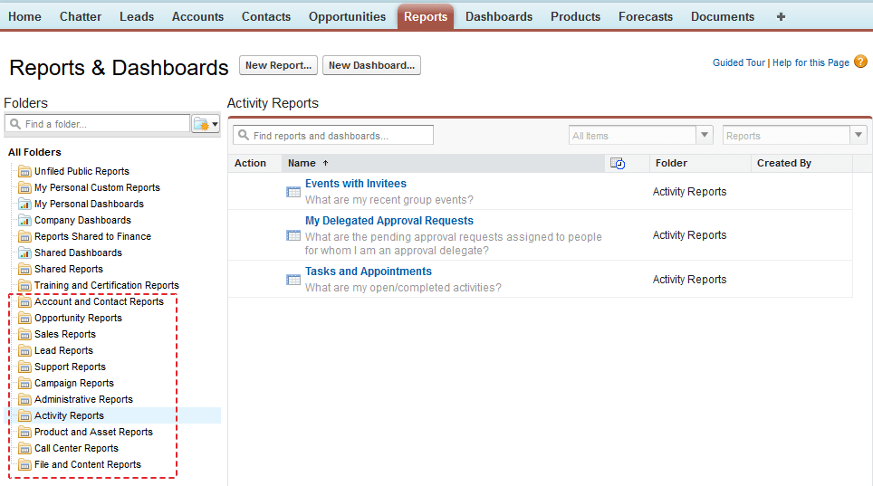 Standard reports and report folders Salesforce Lightning Reporting