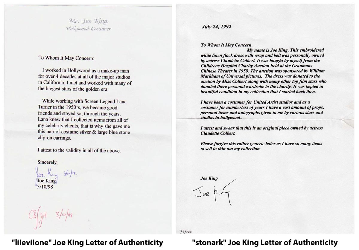 eBay’s “stonark” and “liieviione” Comparing Joe King Signatures, LOAs