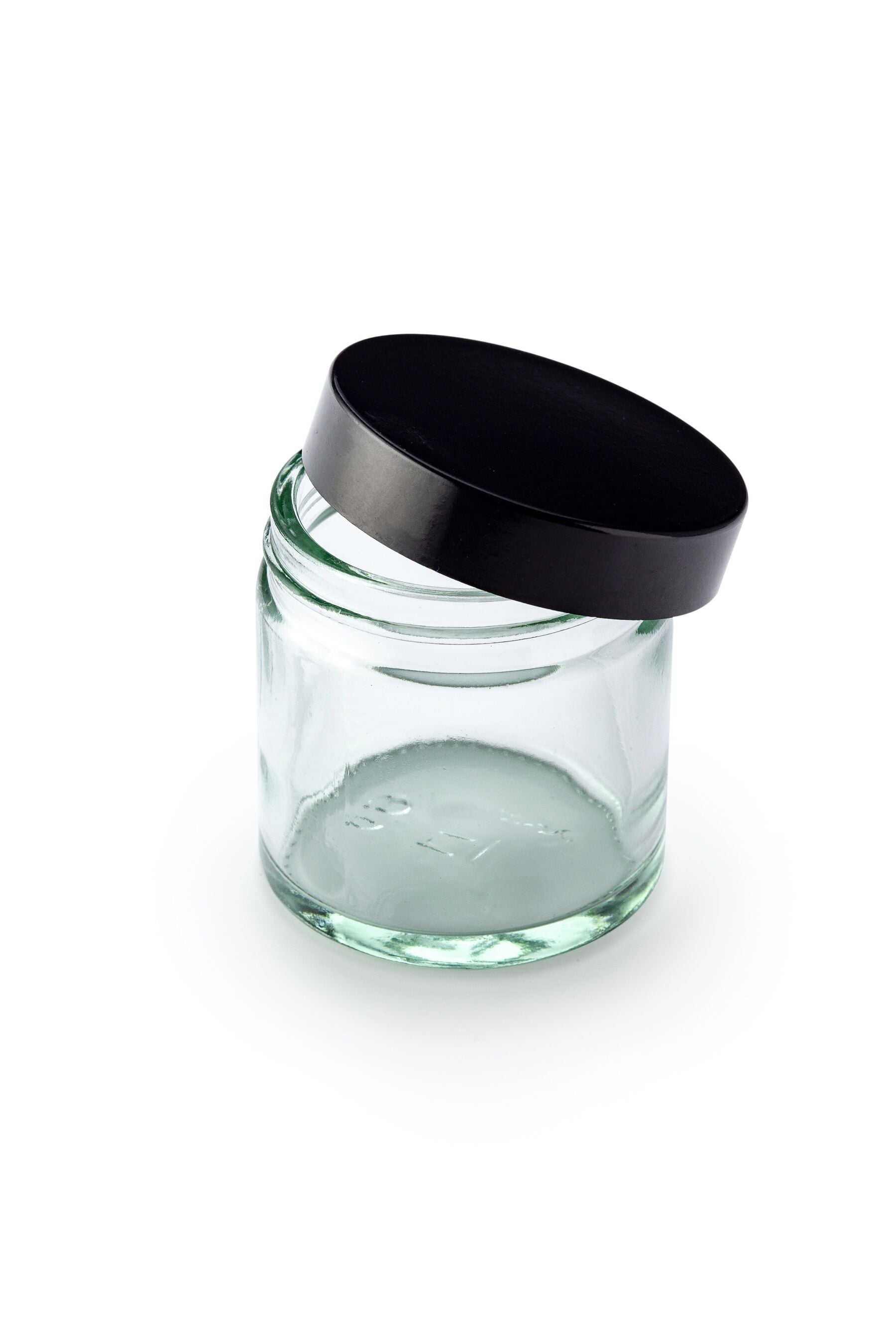 Clear Glass Ointment Jars Precapped with Black Urea Lids Origin Pharma Packaging