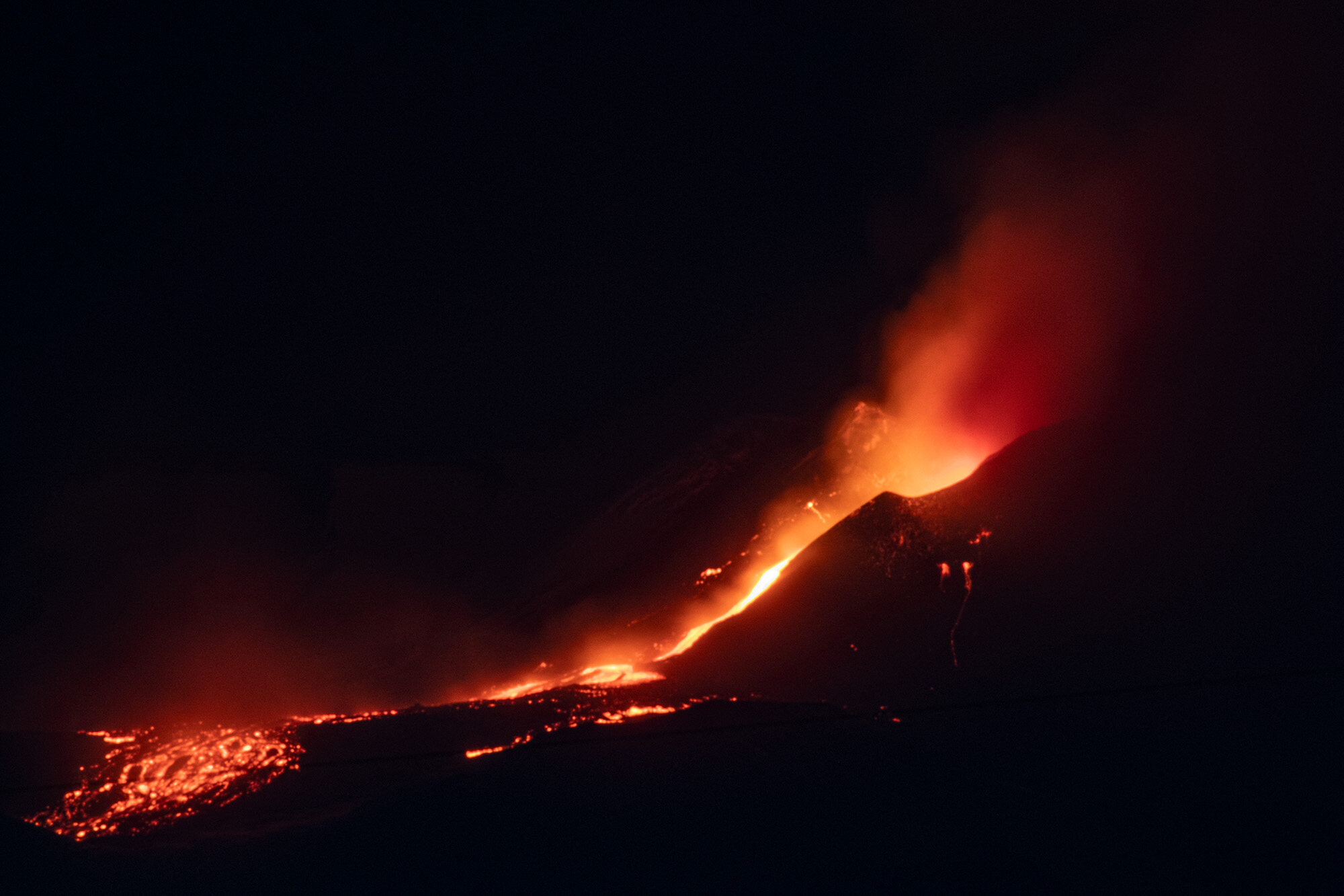 Etna volcano eruption. It throws out lava and clouds of smoke