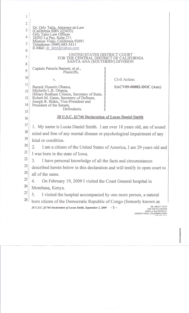 Filed Court Declaration of Lucas Daniel Smith, Kenyan Birth