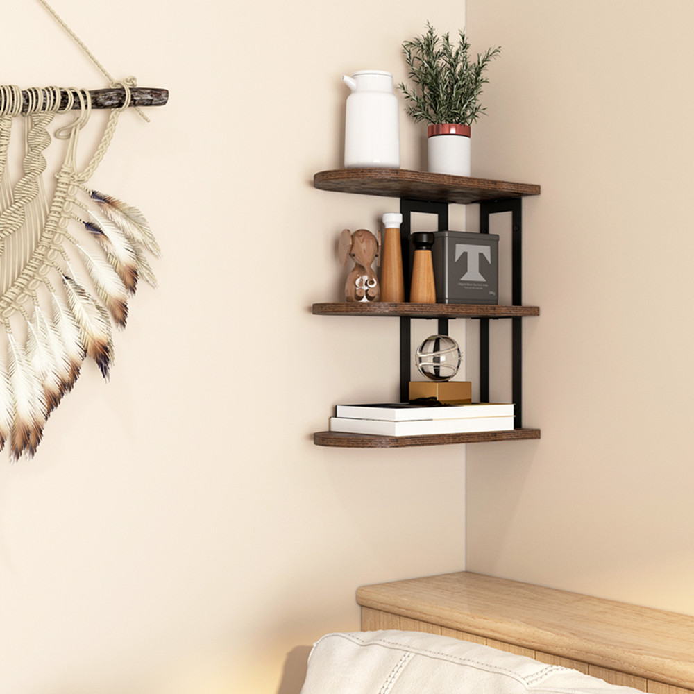3 Tier Wall Mounted Shelves OROPY Rustic Corner Shelves 3 Tier, Wall Mounted Wood Shelf with Heavy
