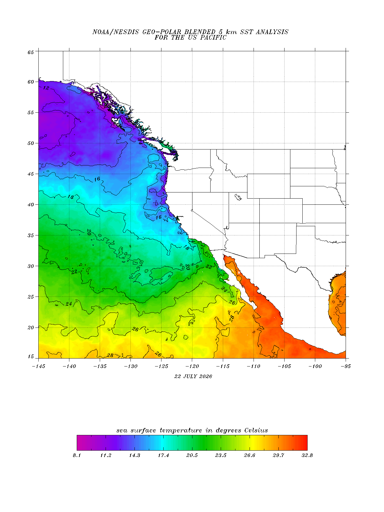 Sea Water Temperatures around the Baja Peninsular