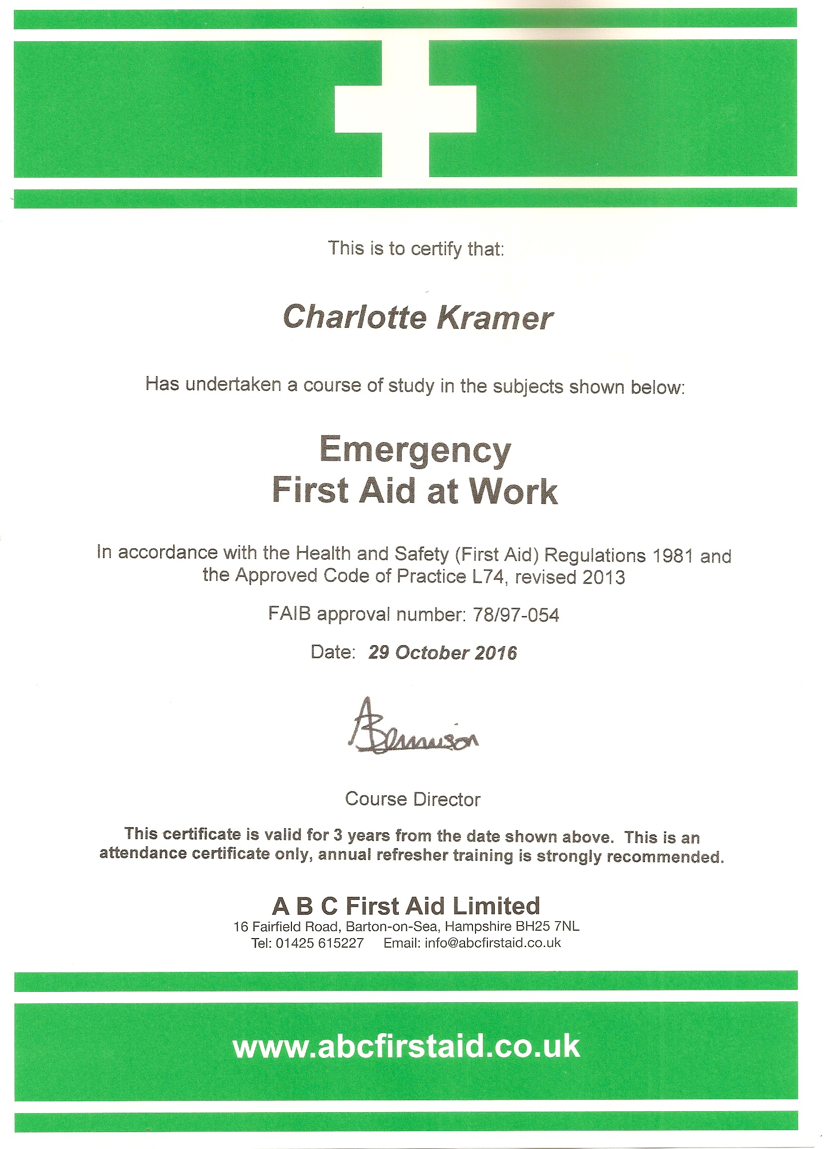 First Aid Certificates Bush House Osteopathic Practice