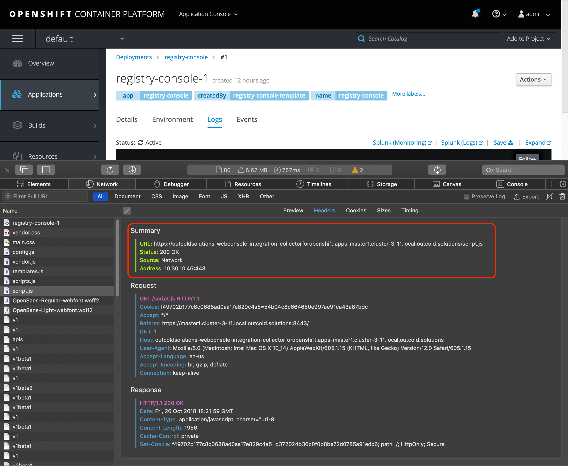 Monitoring OpenShift in Splunk integration with  Console