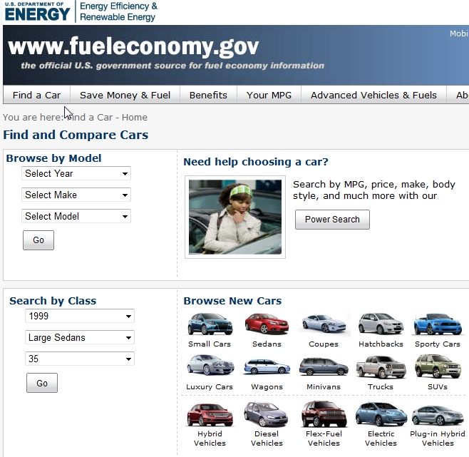 Screenshot from www.fueleconomy.gov "Find a Car" by class