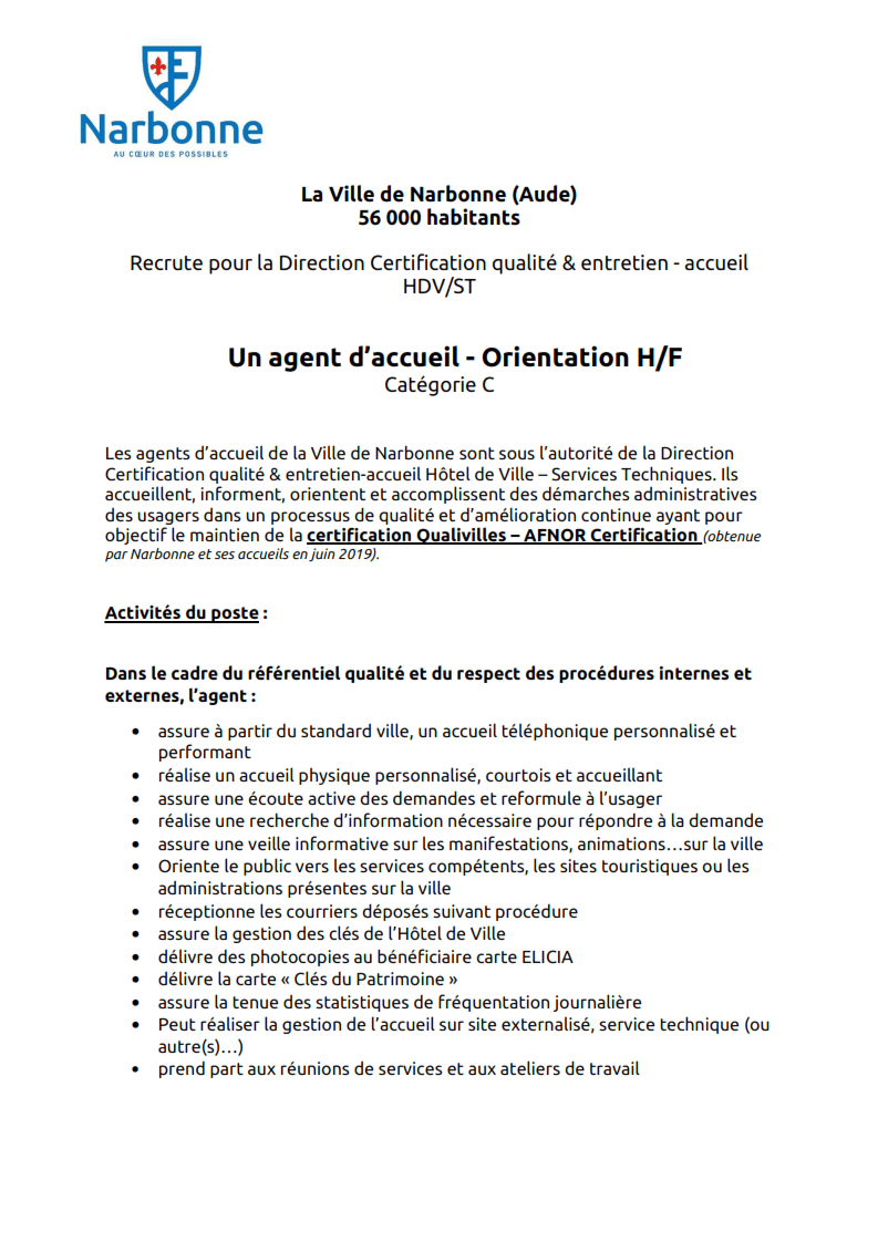 Offre demploi Mairie de Narbonne Mairie dOuveillan | The Big Savers