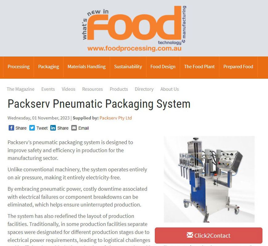 Packserv Pneumatic Packaging System Food Processing article Packserv Australia