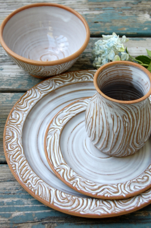 Pottery Dinnerware Set Place Setting Hand Carved Wheel Thrown Pottery