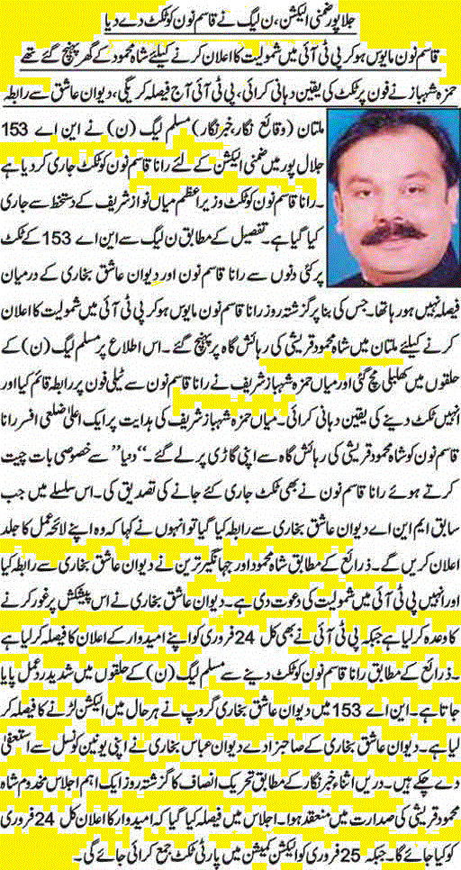 Rana Qasim Noon Got PMLN Ticket in NA 153 By Election Paki Mag