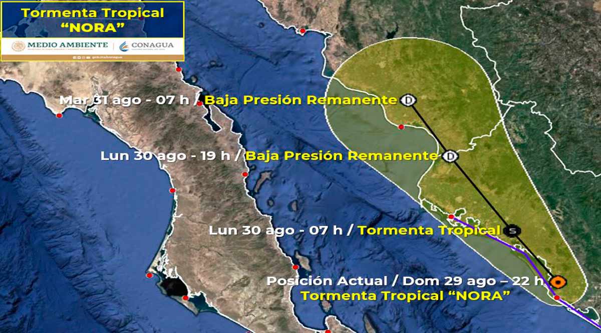 La tormenta tropical “Nora” se localiza en tierra sobre el noroeste de